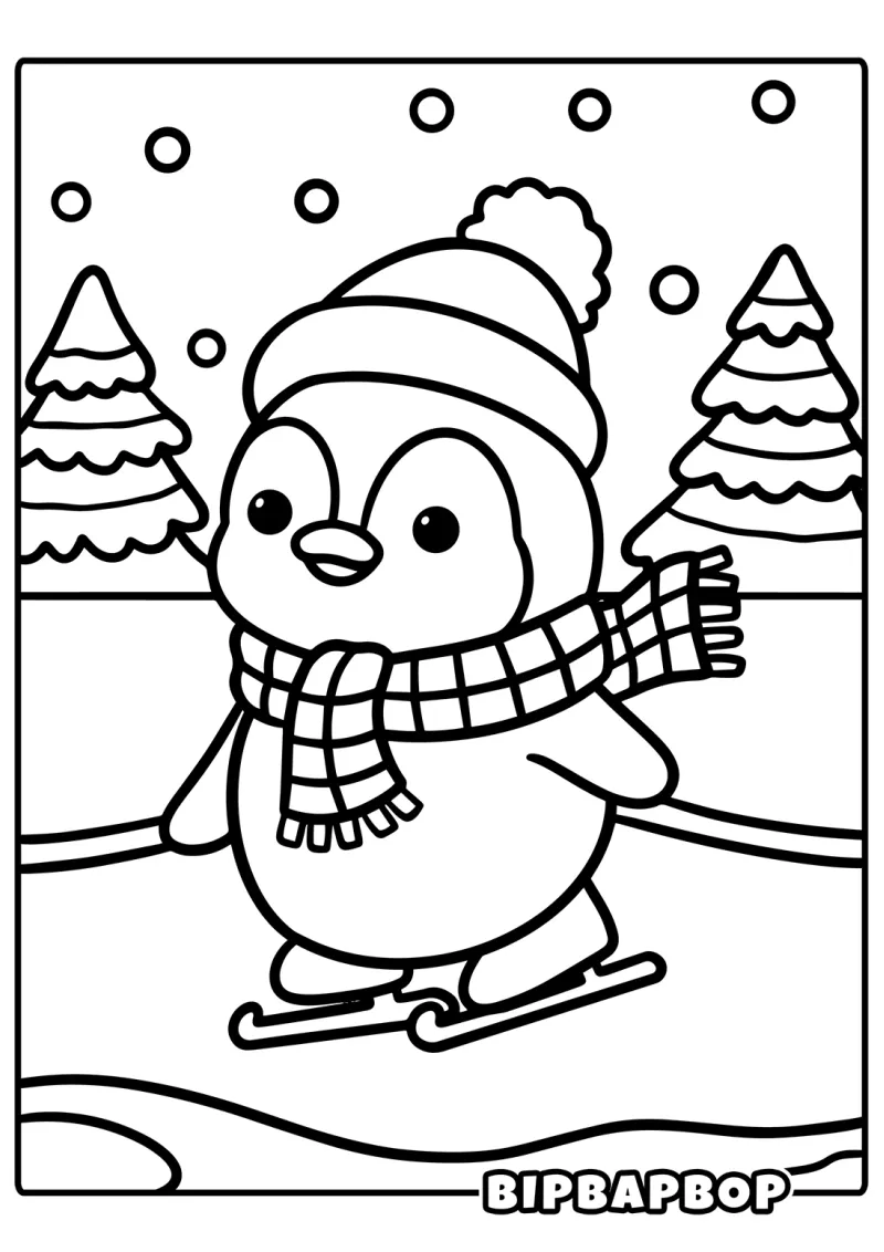 A penguin ice skating on a pond