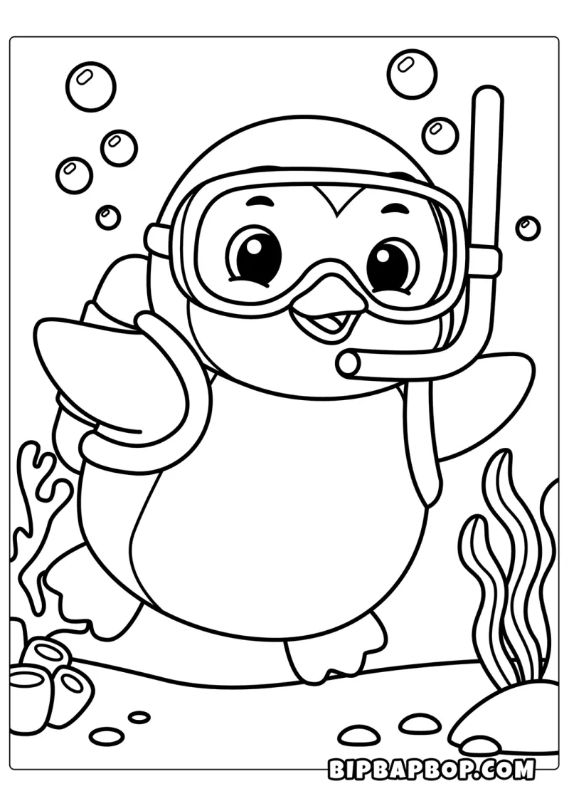 A penguin with a snorkel and goggles swimming under the sea