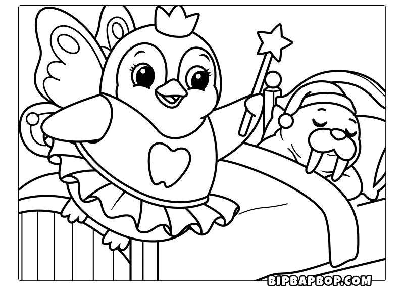 A penguin tooth fairy looking at the big teeth of a walrus
