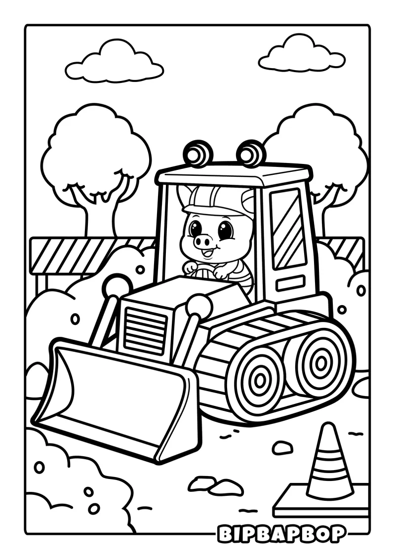 A pig operating a digger on a construction site
