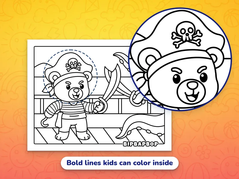 A close up of a pirate bear having a sword fight with an octopus demonstrating the bold designs which help kids color inside the lines