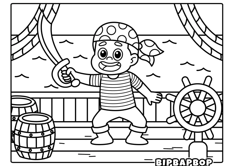 A pirate boy on the deck of a ship waving his sword