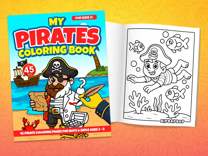 Pirates coloring book front cover showing a pirate captain on a beach standing next to a treasure chest and an internal page with a boy pirate swimming under the sea