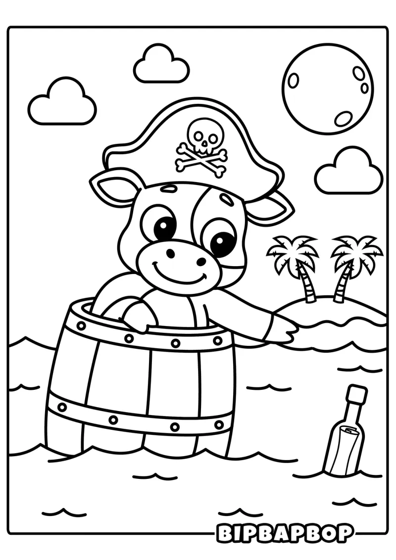 A pirate cow floating in a barrel reaching for a message in a bottle