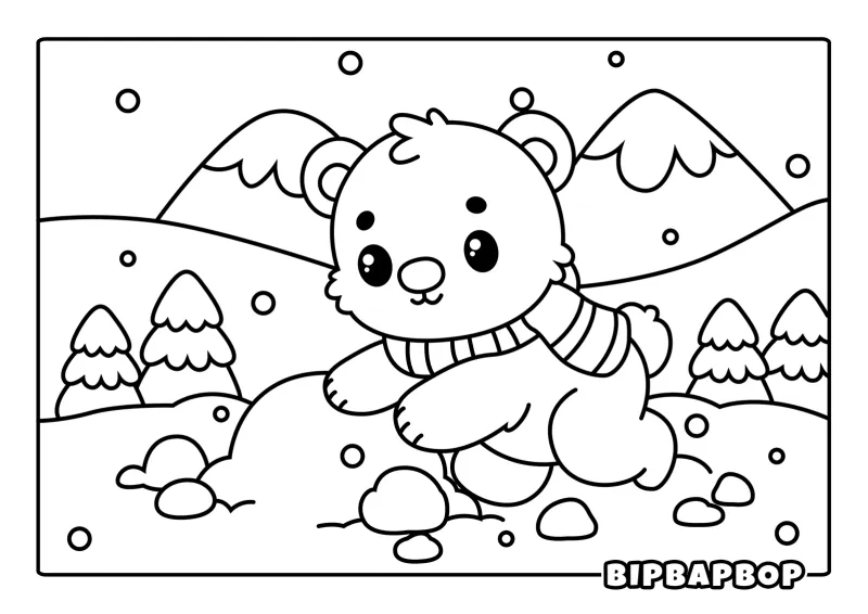 A baby polar bear playing in the snow