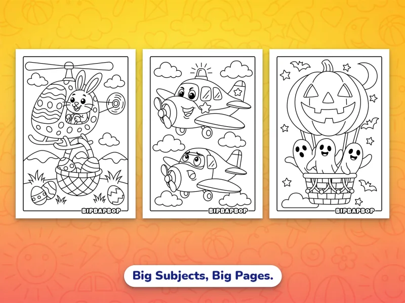 Portrait coloring pages — an Easter bunny in a helicopter collecting eggs, a police plane patrolling the sky, and three ghosts in a pumpkin hot air balloon