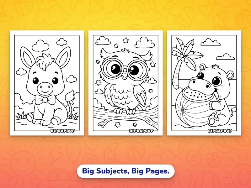 Portrait baby animals coloring pages — a baby donkey in a bow tie, a baby owl in huge glasses and a baby hippo eating a watermelon