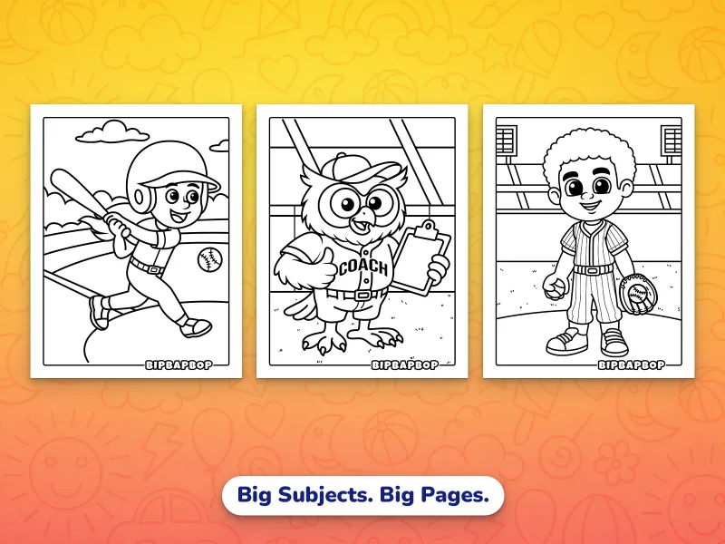 Portrait baseball coloring pages — a girl batter hitting the ball, an owl coach, a boy baseman