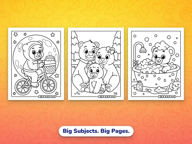 Portrait bear coloring pages — a bear cycling a flying bike across the moon, a bear family, a baby bear in a bubble bath