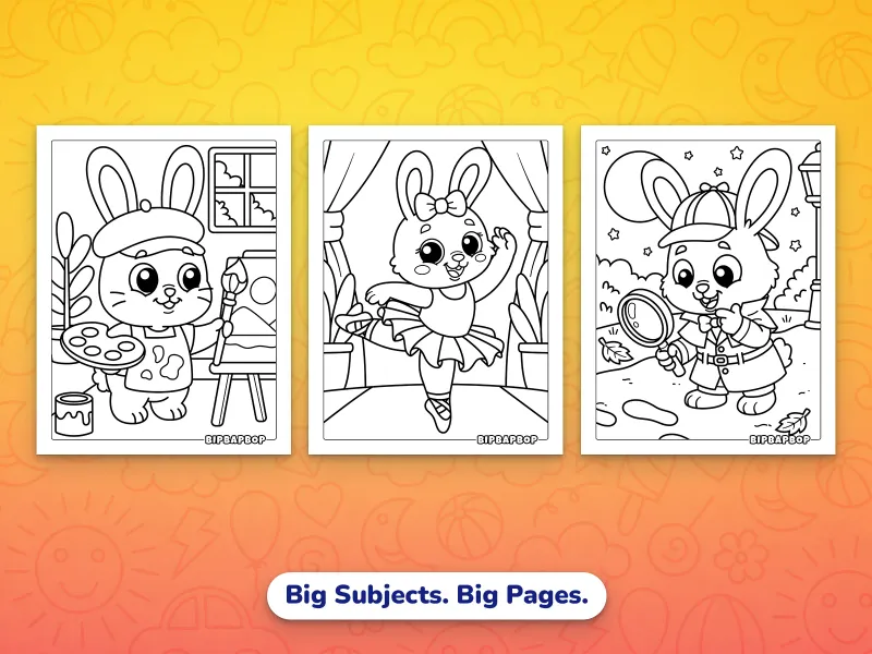 Portrait bunny coloring pages — a bunny artist painting a picture, a bunny ballerina dancing, a bunny detective
