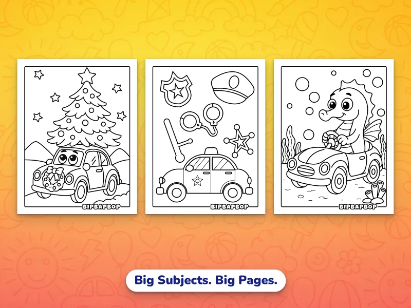 Portrait car coloring pages — a Christmas car with a tree on the roof and a holly wreath on the hood, a police car with badge and handcuffs, an underwater car driving by a seahorse