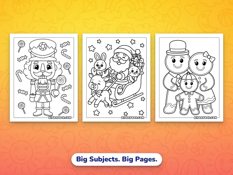 Portrait Christmas coloring pages — a nutcracker soldier, Santa in his sleigh, and a gingerbread family