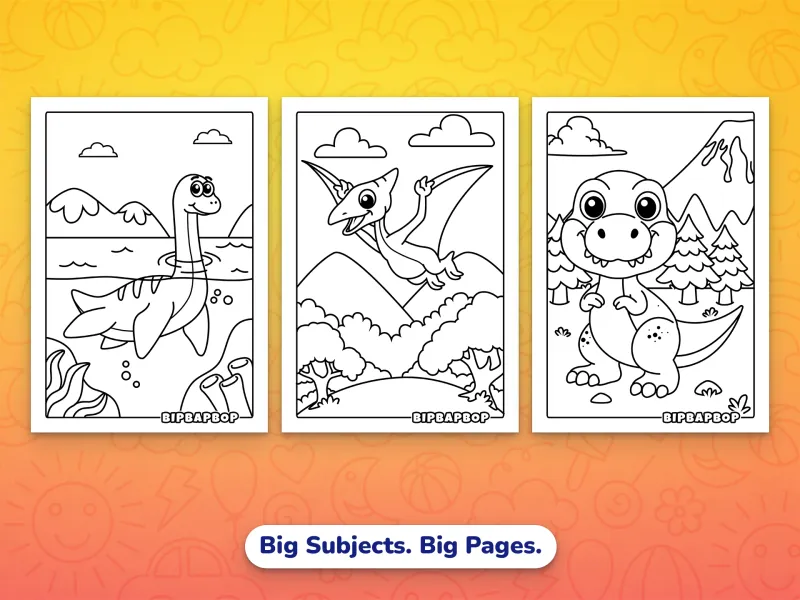 Portrait dinosaur coloring pages — a Plesiosaur swimming in a lake, a Pterodactyl flying through the sky, a T-rex by a volcano