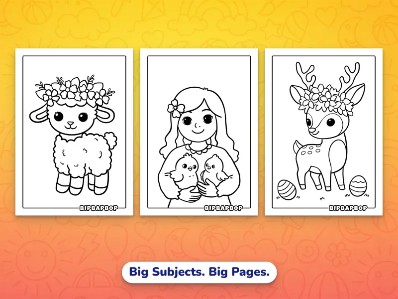 Portrait Easter coloring pages — a lamb wearing a flower crown, a girl carrying 2 baby chicks, a deer with a garland of flowers on its head