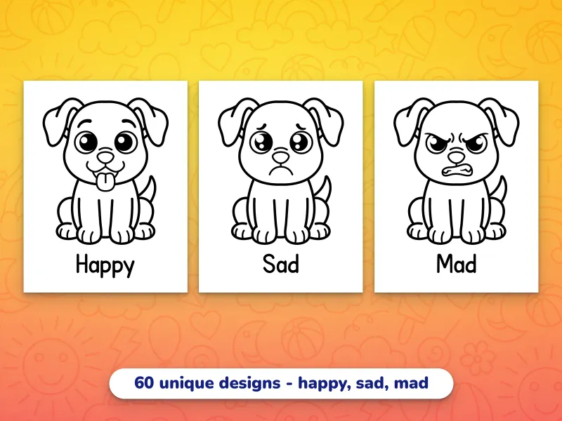 A dog showing happy, sad, and mad feelings