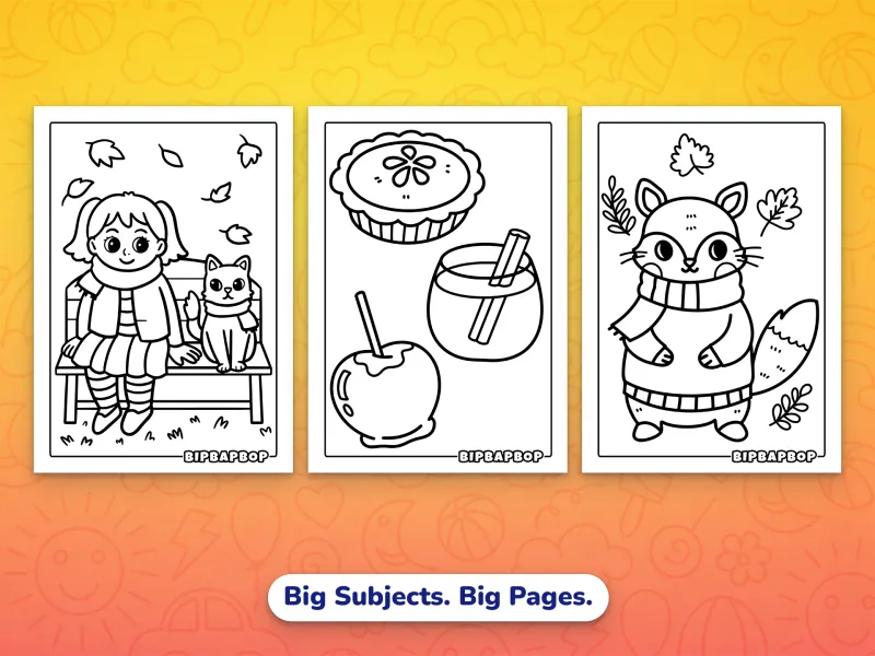 Portrait fall coloring pages — a girl and a cat in scarves sitting on a bench watching falling leaves, fall treats like a pumpkin pie and a toffee apple, a squirrel wrapped up in a scarf and sweater