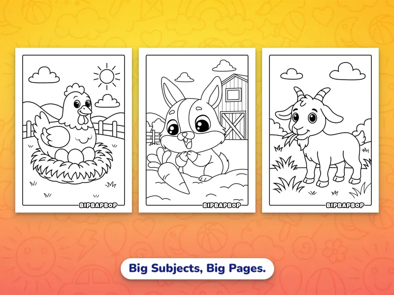 Portrait farm animal coloring pages — a hen sitting on her eggs, a rabbit with a big carrot, a goat chomping grass in a field