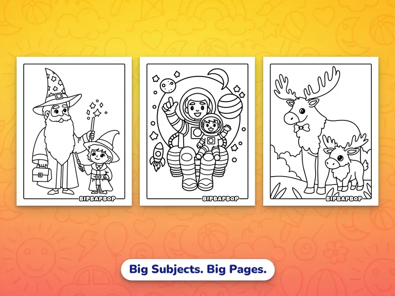 Portrait Father's Day coloring pages — a father wizard and his child, a father astronaut and his kid, a father moose and his child