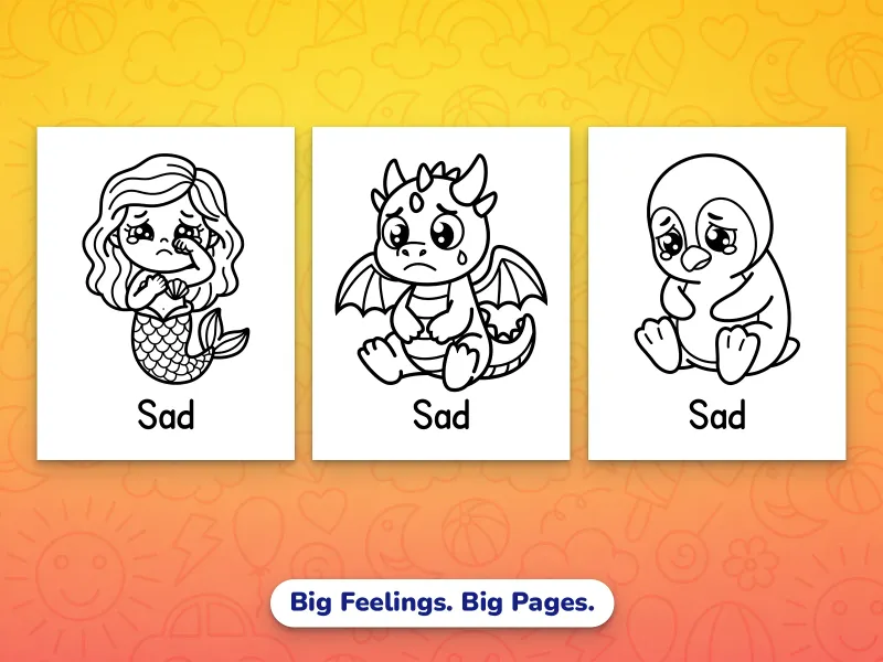 Portrait emotions coloring pages — a sad mermaid, a sad dragon, and a sad penguin
