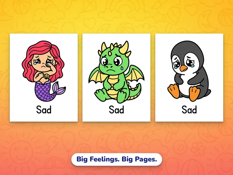 Portrait emotions picture pages — a sad mermaid, a sad dragon, and a sad penguin