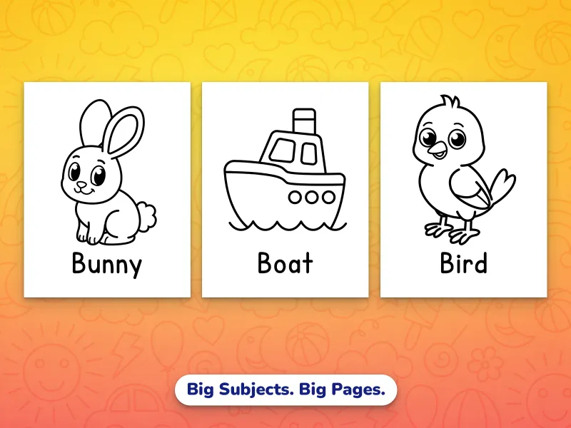 Portrait first word coloring pages — a bunny, a boat, a bird