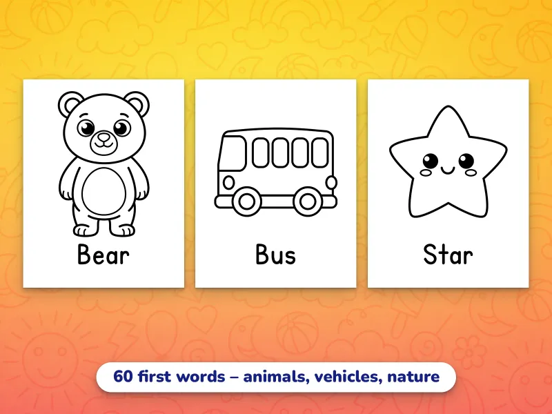 Portrait first word coloring pages — animals, vehicles, nature