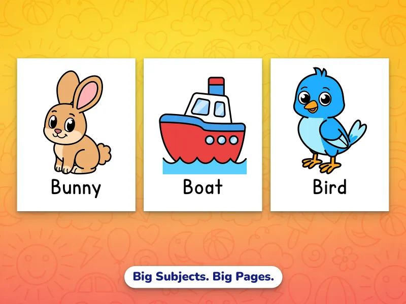 Portrait first word picture pages — animals, vehicles, nature