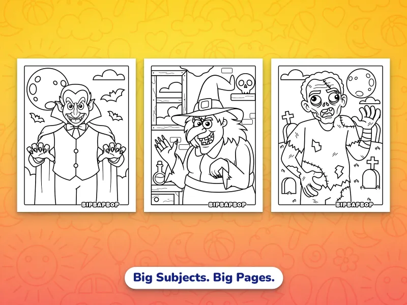 Portrait Halloween coloring pages — Dracula, a wicked witch, and a zombie