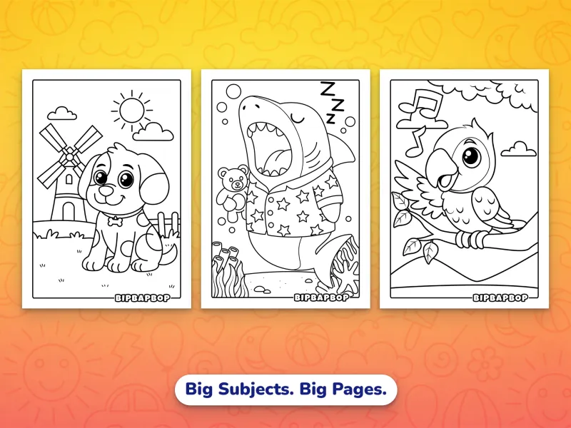 Portrait animal coloring pages — a dog sitting in front of a windmill, a sleepy shark yawning, and a singing parrot