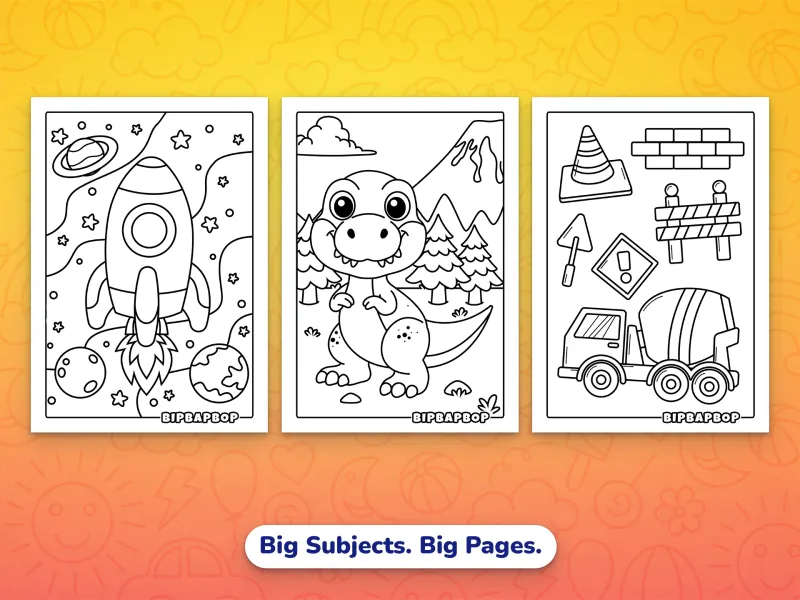 Portrait coloring pages for boys — a rocket shooting into space, a t-rex in front of a volcano, a mixer truck with construction signs