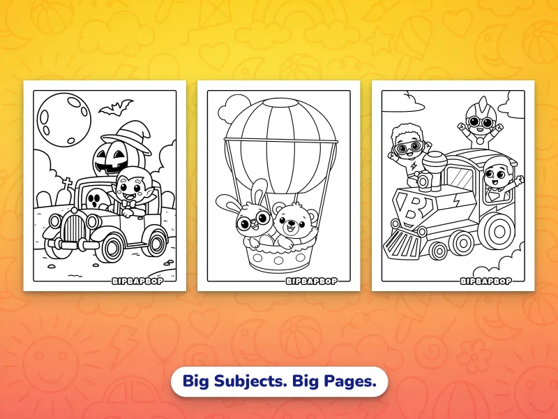 Portrait vehicle coloring pages — a Halloween car driving by a baby Dracula, a rabbit and a bear in a hot air balloon, and a superhero team in a flying train