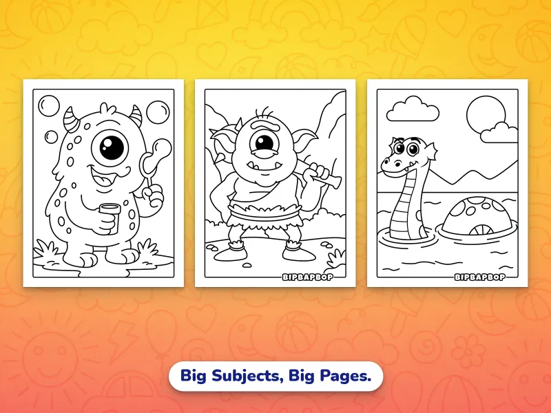 Portrait monsters coloring pages — a cute monster blowing bubbles, a one-eyed ogre with a club, Nessie swimming in the Loch