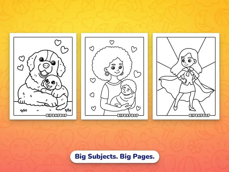 Portrait Mother's Day coloring pages — a mother dog holding her puppy, a mother swaddling her baby, supermom in a cape