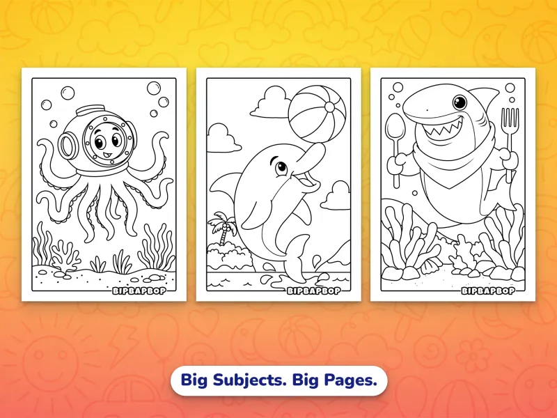 Portrait ocean animals coloring pages — an octopus in a diver's helmet, a dolphin juggling a beach ball on its nose, a hungry shark with bib, knife and fork