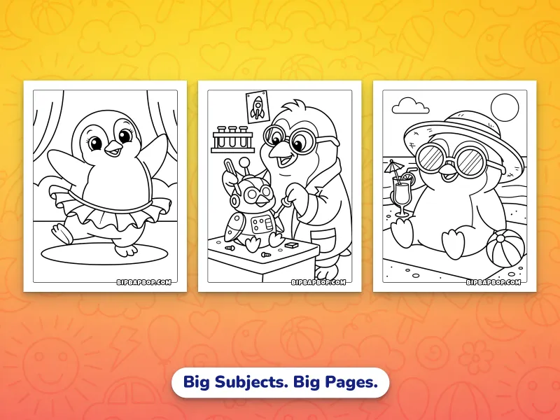 Portrait penguin coloring pages — a ballerina penguin dancing, a penguin scientist creating a robot, a penguin at the beach with a tropical drink