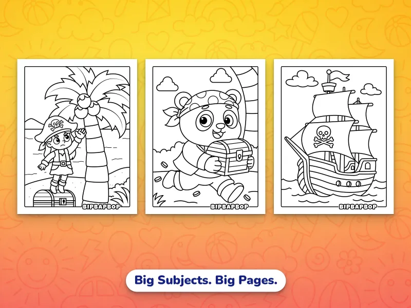 Portrait pirate coloring pages — a pirate girl standing on a treasure chest to reach a coconut, a pirate bear running away with a treasure chest, a pirate ship with a skull and crossbones flag