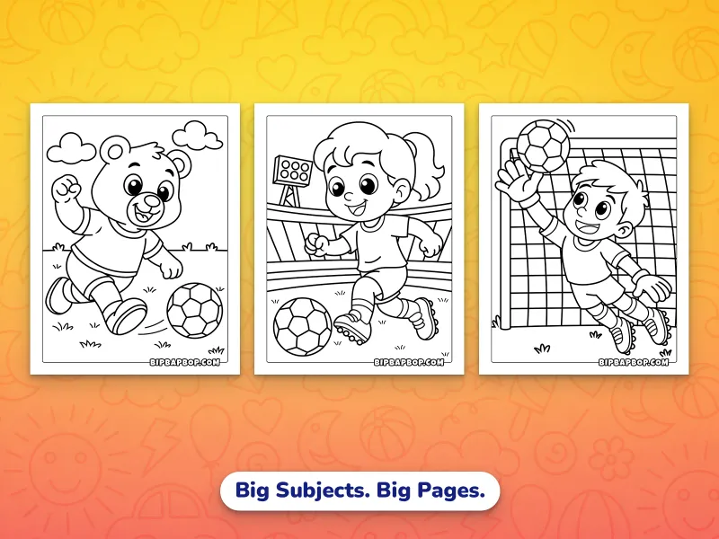 Portrait soccer coloring pages — a bear kicking a soccer ball, a girl playing soccer, and a goalkeeper diving for a ball