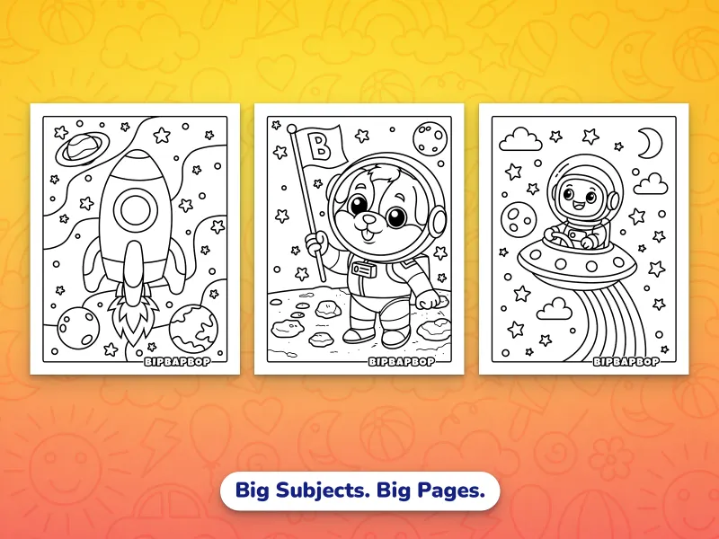 Portrait space coloring pages — a rocket blasting into space, a dog astronaut on the moon, a space boy in a flying saucer