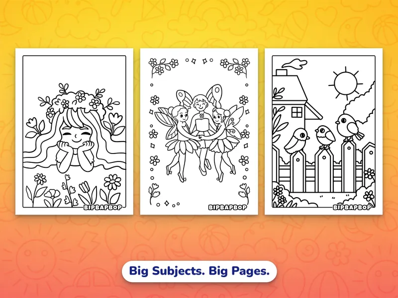 Portrait spring coloring pages — a girl lying on the grass with flowers woven into her hair, 3 chicks standing on a garden fence, a group of fairies in a circle holding hands