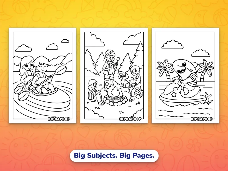 Portrait summer coloring pages — a boy and girl in a canoe, kids roasting marshmallows round a campfire, a shark on a jetski