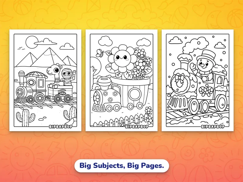 Portrait train coloring pages — a camel and mummy driving an Egyptian train past the pyramids, a plant pot train in the garden, a snowman driving a snow covered train