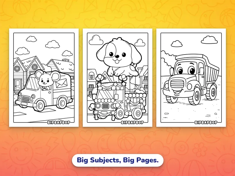 Portrait truck coloring pages — a carnival float with an inflatable dog, a mouse postman delivering letters, a cute dumper truck