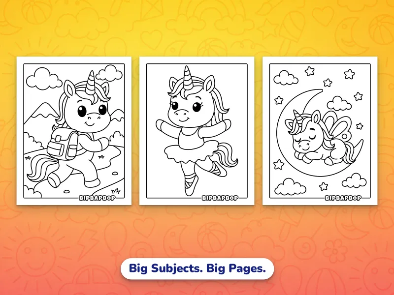 Portrait unicorn coloring pages — a unicorn in a rucksack going to school, a ballerina unicorn, a fairy unicorn sleeping on the moon