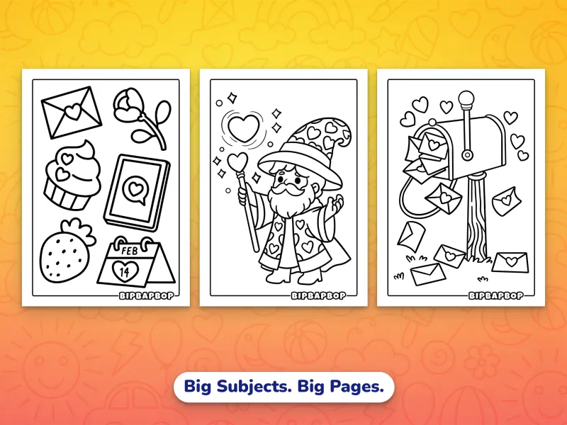 Portrait valentines coloring pages — a collection of valentines-themed images from a heart cupcake to roses, a magician casting a love spell, love letters flying out of a postbox