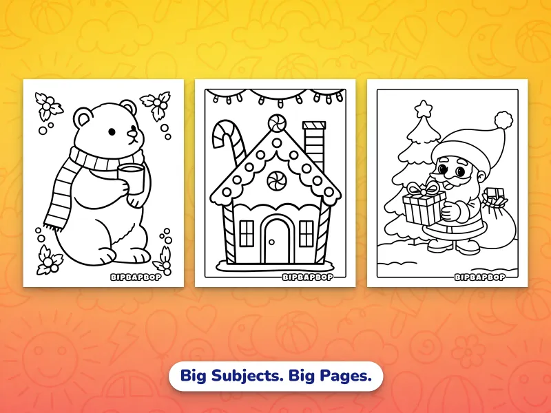 Portrait winter coloring pages — a bear in a scarf drinking hot cocoa, a gingerbread house, Santa putting a present by a Christmas tree