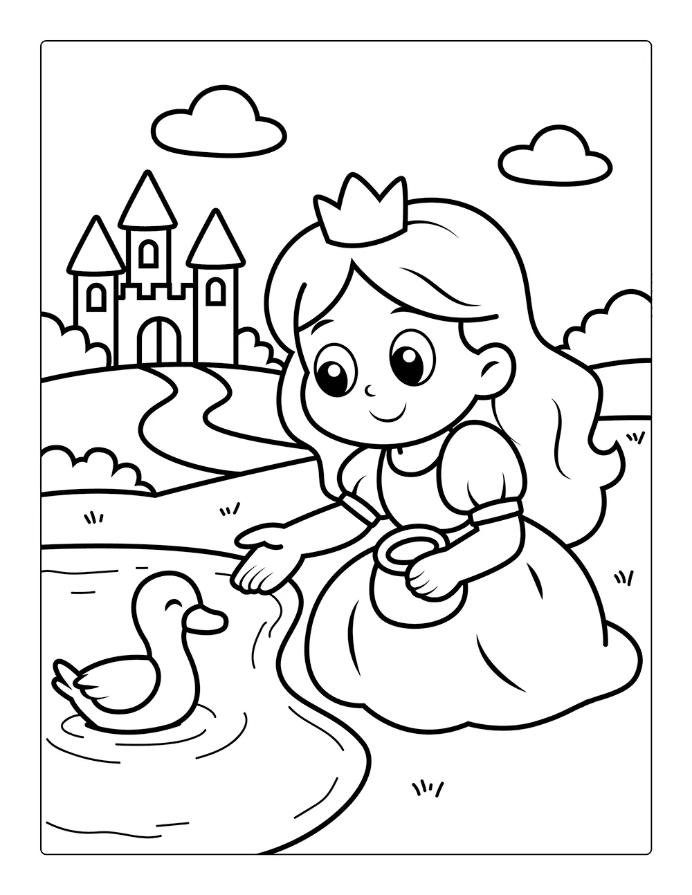 A free coloring page of a princess by a duck pond