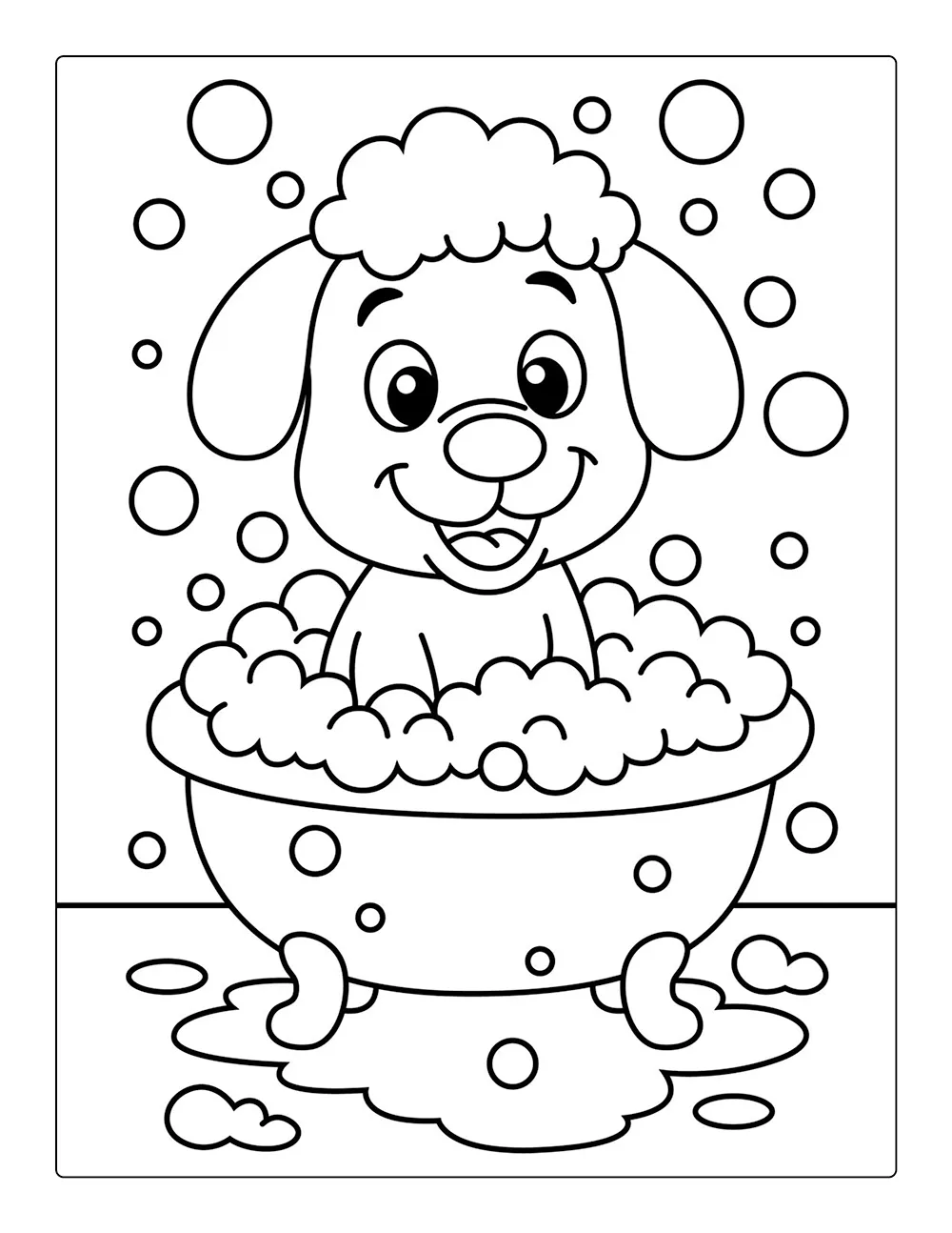 A free coloring page of a puppy having a bath
