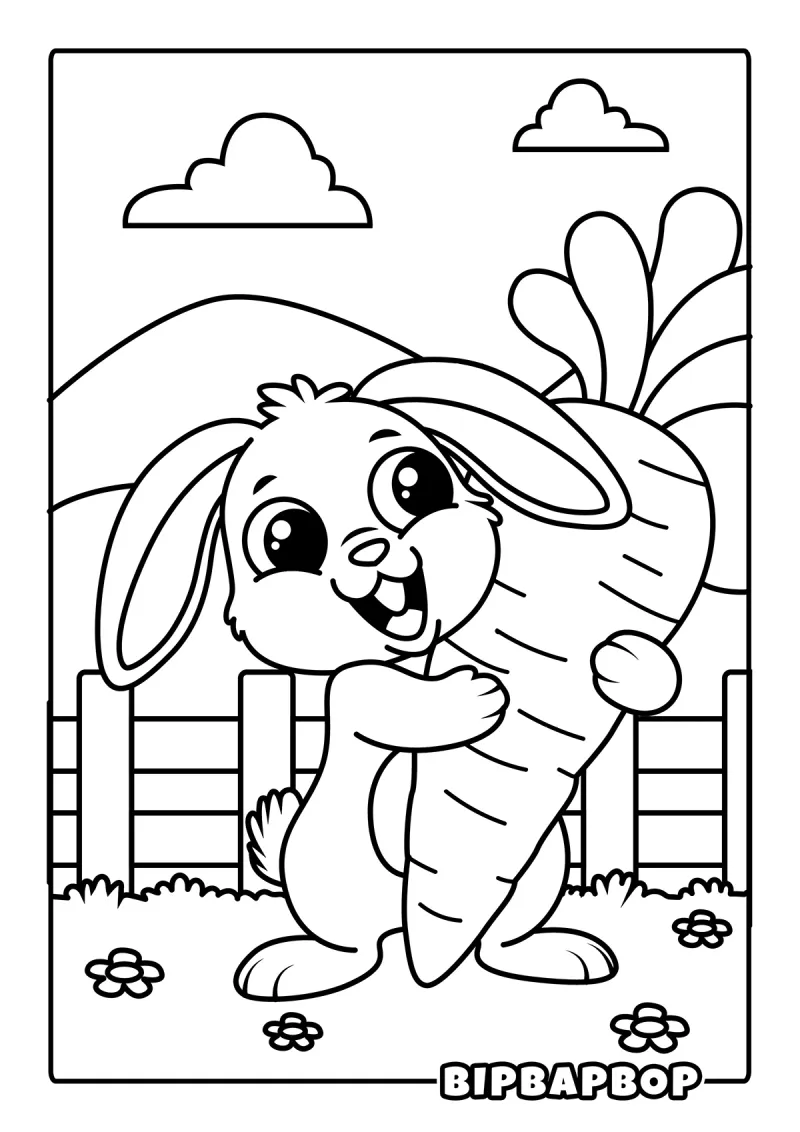 A baby rabbit carrying a huge carrot
