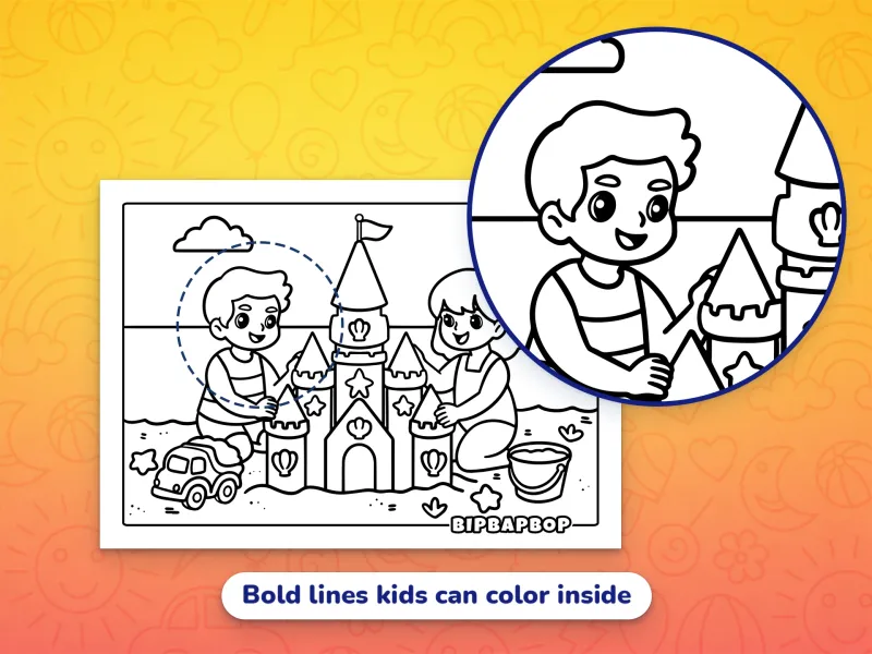 A close up of boy and girl building a sandcastle by the sea demonstrating the bold designs which help kids color inside the lines
