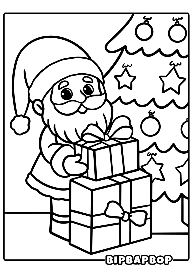 Santa putting a Christmas present by a Christmas tree